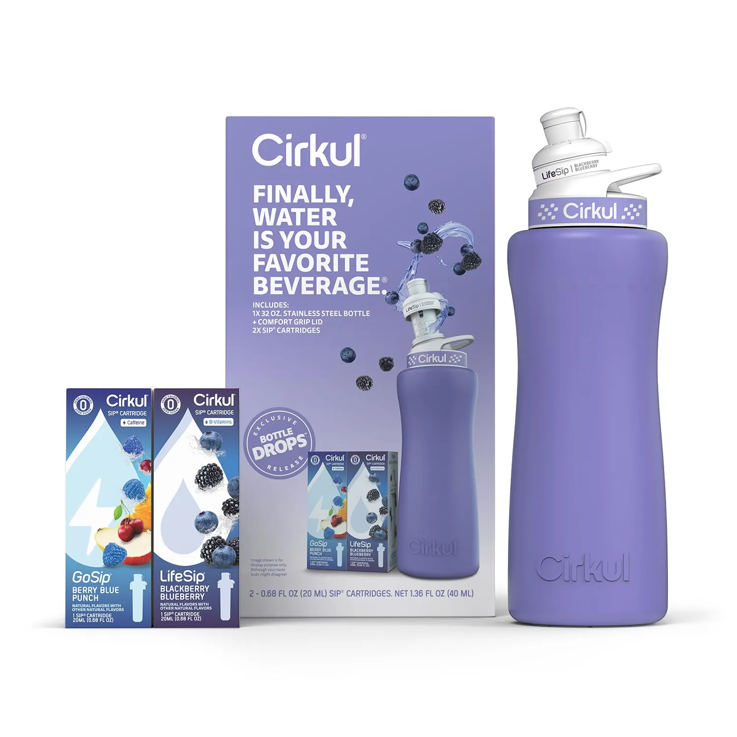Cirkul 32oz. Matte Periwinkle Stainless Steel Water Bottle Starter Kit with Periwinkle Lid, 2 Flavor Cartridges (1 LifeSip Blackberry Blueberry, 1 GoSip Berry Blue Punch) Zero Calories and No Sugar