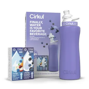 Cirkul 32oz. Matte Periwinkle Stainless Steel Water Bottle Starter Kit with Periwinkle Lid, 2 Flavor Cartridges (1 LifeSip Blackberry Blueberry, 1 GoSip Berry Blue Punch) Zero Calories and No Sugar