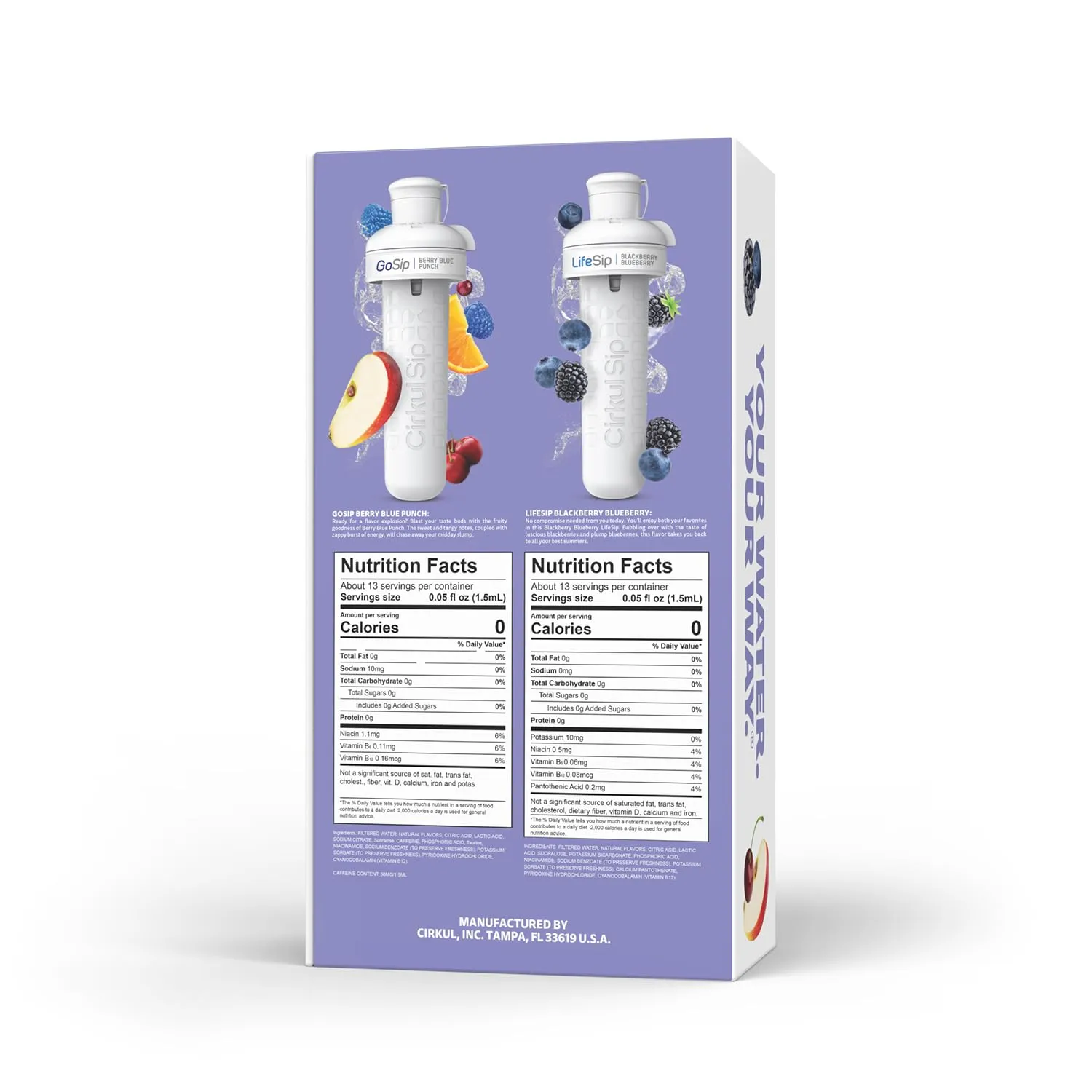 Cirkul 32oz. Matte Periwinkle Stainless Steel Water Bottle Starter Kit with Periwinkle Lid, 2 Flavor Cartridges (1 LifeSip Blackberry Blueberry, 1 GoSip Berry Blue Punch) Zero Calories and No Sugar