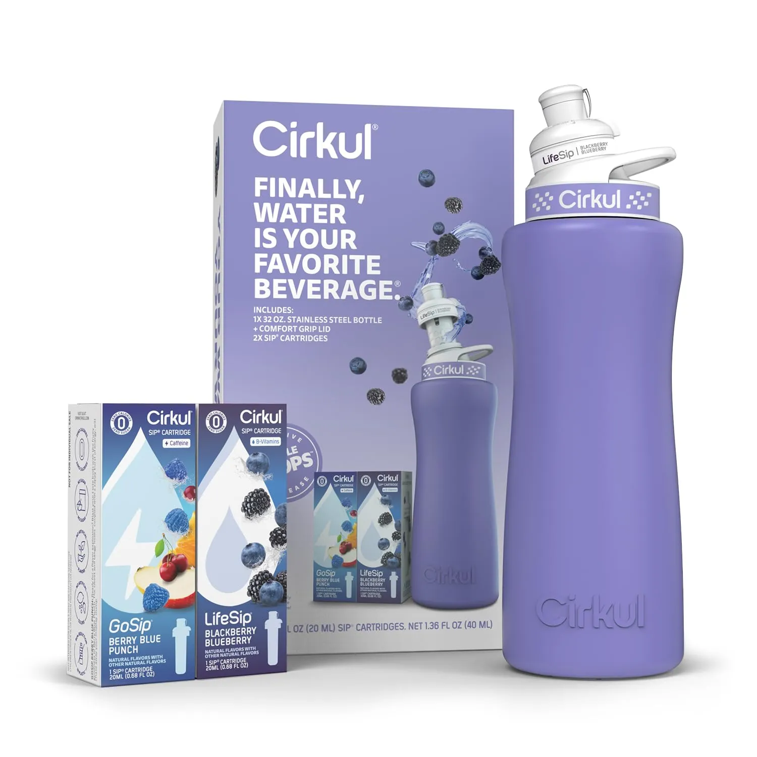 Cirkul 32oz. Matte Periwinkle Stainless Steel Water Bottle Starter Kit with Periwinkle Lid, 2 Flavor Cartridges (1 LifeSip Blackberry Blueberry, 1 GoSip Berry Blue Punch) Zero Calories and No Sugar