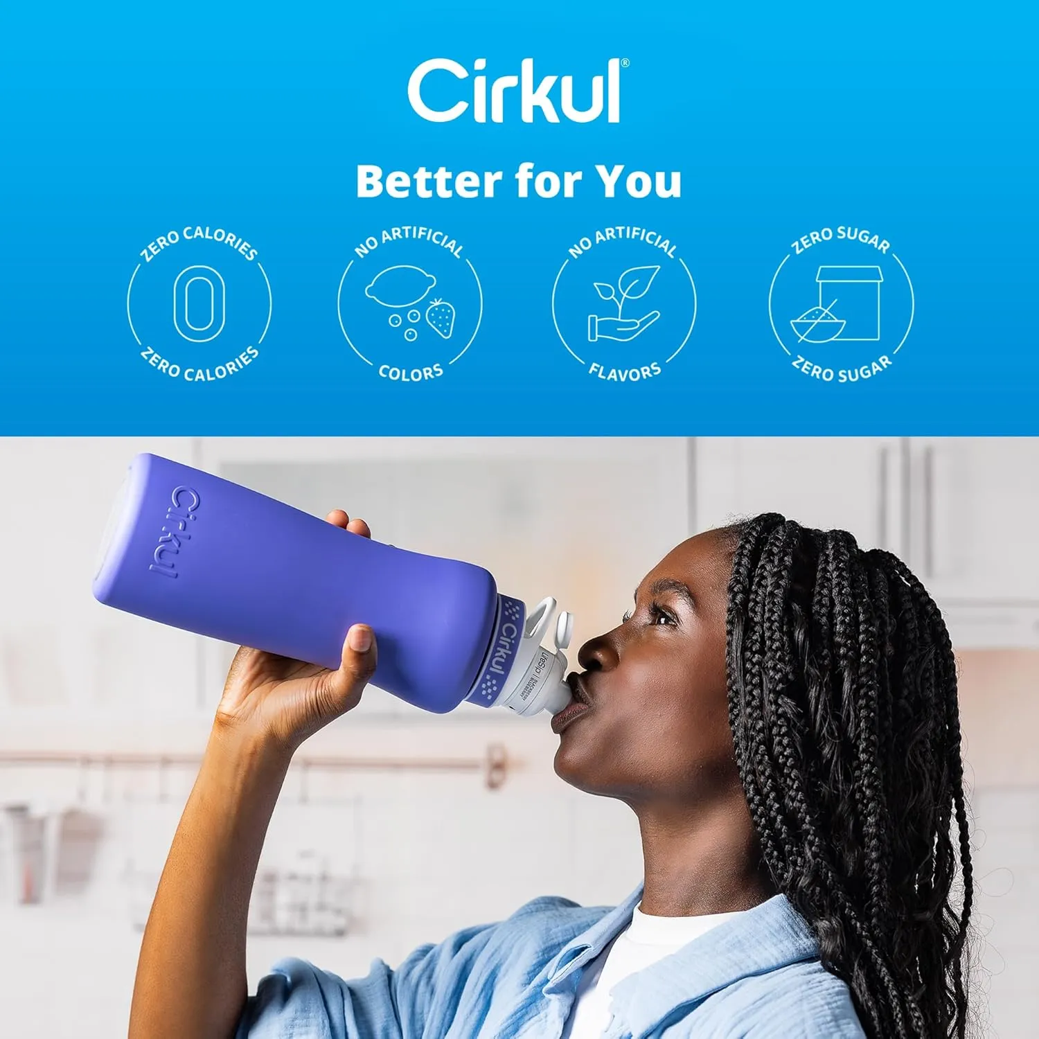 Cirkul 32oz. Matte Periwinkle Stainless Steel Water Bottle Starter Kit with Periwinkle Lid, 2 Flavor Cartridges (1 LifeSip Blackberry Blueberry, 1 GoSip Berry Blue Punch) Zero Calories and No Sugar