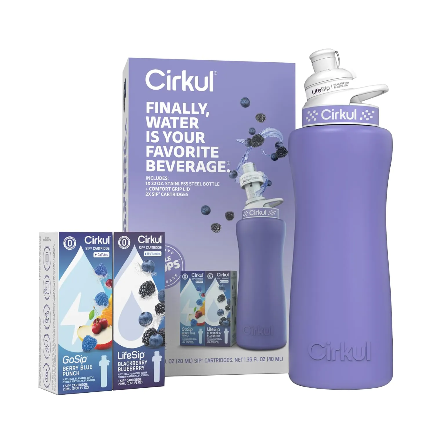 Cirkul 32oz. Matte Periwinkle Stainless Steel Water Bottle Starter Kit with Periwinkle Lid, 2 Flavor Cartridges (1 LifeSip Blackberry Blueberry, 1 GoSip Berry Blue Punch) Zero Calories and No Sugar