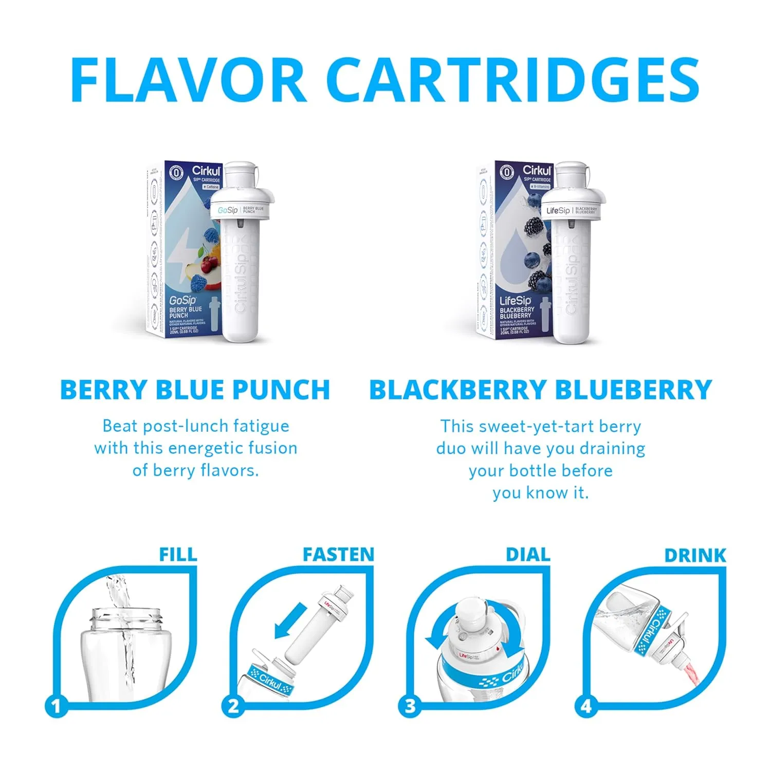 Cirkul 32oz. Matte Periwinkle Stainless Steel Water Bottle Starter Kit with Periwinkle Lid, 2 Flavor Cartridges (1 LifeSip Blackberry Blueberry, 1 GoSip Berry Blue Punch) Zero Calories and No Sugar