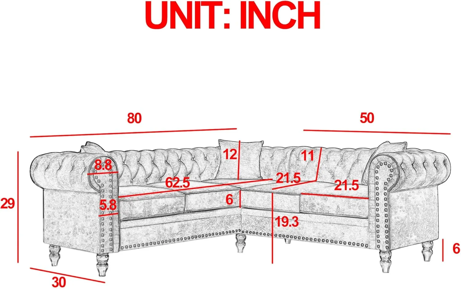 Clasic Chesterfield 5 Seater Corner Sofa&Couch Luxury Roller Armrest L-Shaped Symmetrical Sectional Sofa Couch Velvet Tufted Indoor Upholstered Sofá W/Soild Wood Legs and 3 Pillows for Living Room