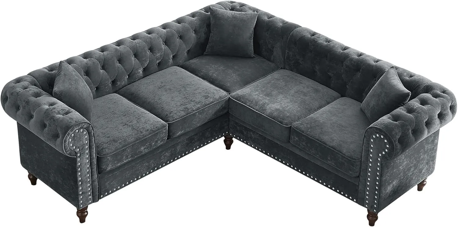 Clasic Chesterfield 5 Seater Corner Sofa&Couch Luxury Roller Armrest L-Shaped Symmetrical Sectional Sofa Couch Velvet Tufted Indoor Upholstered Sofá W/Soild Wood Legs and 3 Pillows for Living Room