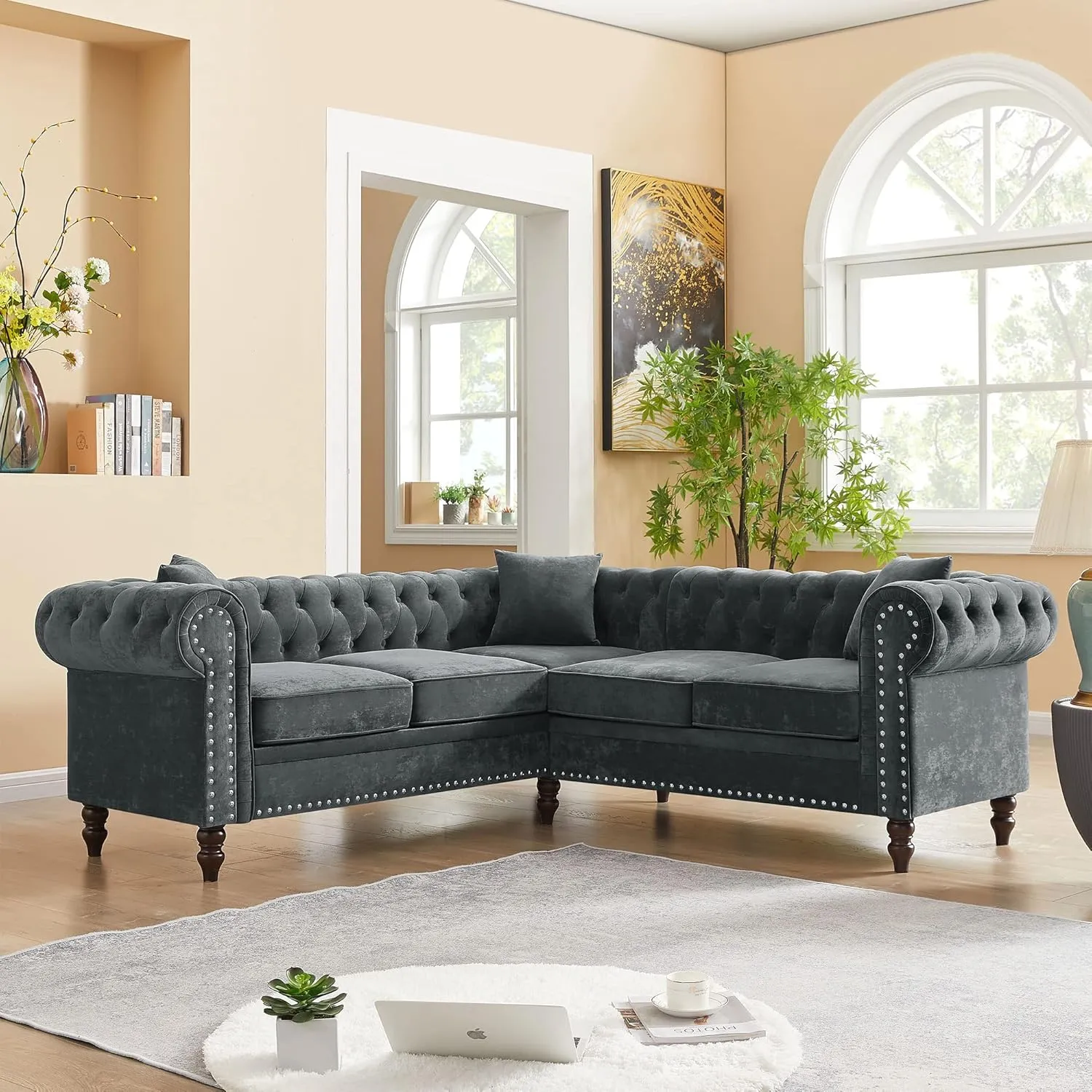 Clasic Chesterfield 5 Seater Corner Sofa&Couch Luxury Roller Armrest L-Shaped Symmetrical Sectional Sofa Couch Velvet Tufted Indoor Upholstered Sofá W/Soild Wood Legs and 3 Pillows for Living Room