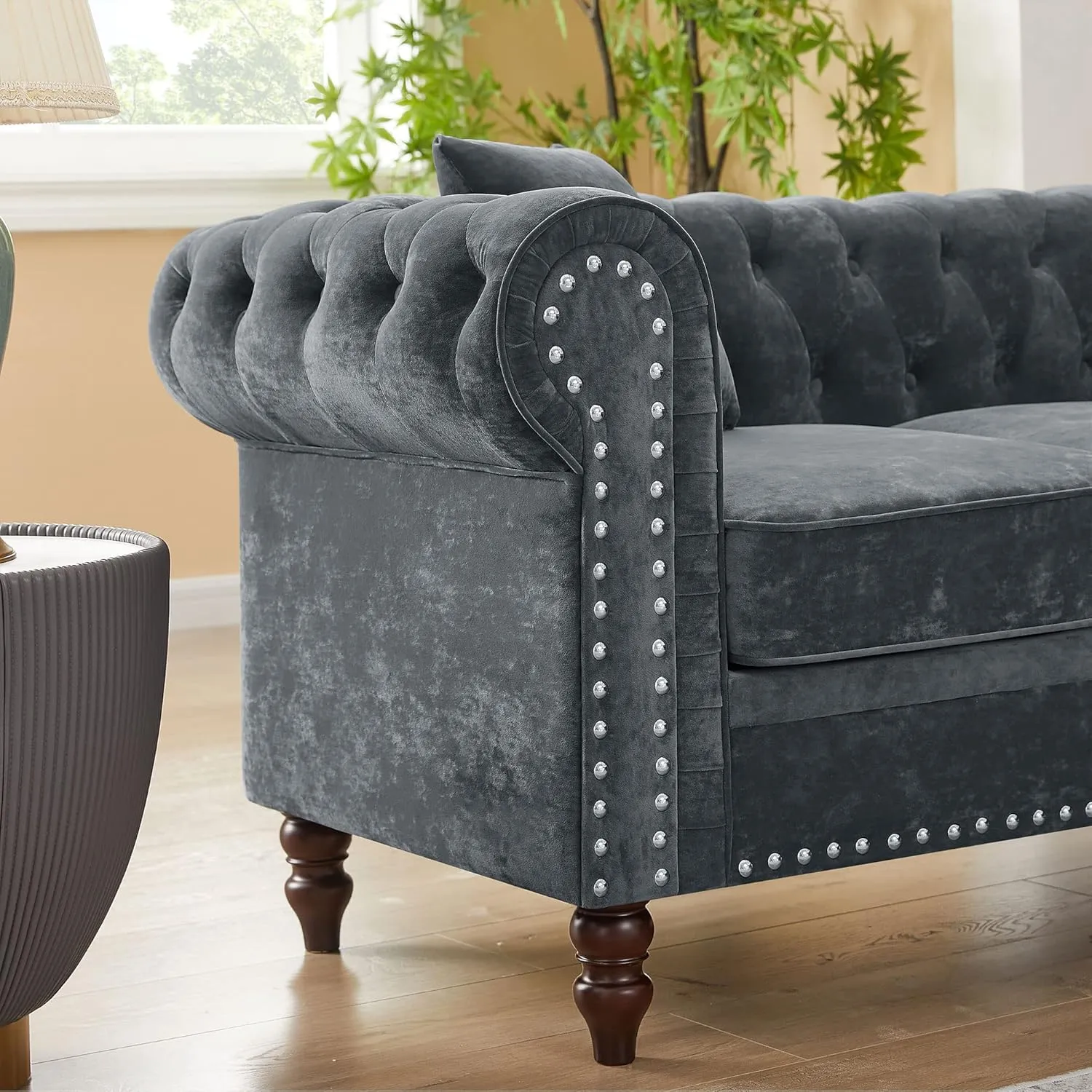 Clasic Chesterfield 5 Seater Corner Sofa&Couch Luxury Roller Armrest L-Shaped Symmetrical Sectional Sofa Couch Velvet Tufted Indoor Upholstered Sofá W/Soild Wood Legs and 3 Pillows for Living Room