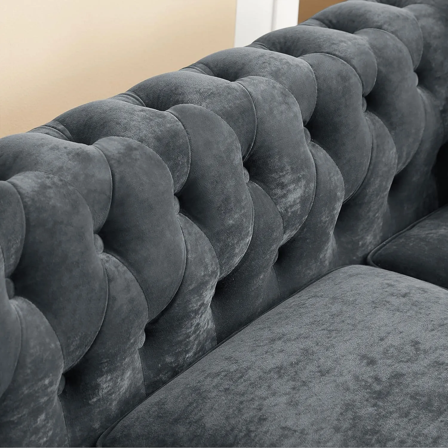 Clasic Chesterfield 5 Seater Corner Sofa&Couch Luxury Roller Armrest L-Shaped Symmetrical Sectional Sofa Couch Velvet Tufted Indoor Upholstered Sofá W/Soild Wood Legs and 3 Pillows for Living Room