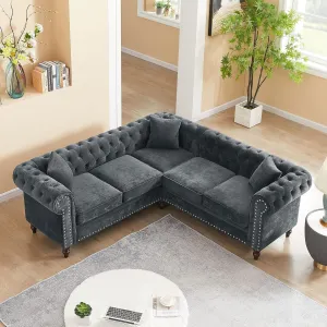 Clasic Chesterfield 5 Seater Corner Sofa&Couch Luxury Roller Armrest L-Shaped Symmetrical Sectional Sofa Couch Velvet Tufted Indoor Upholstered Sofá W/Soild Wood Legs and 3 Pillows for Living Room