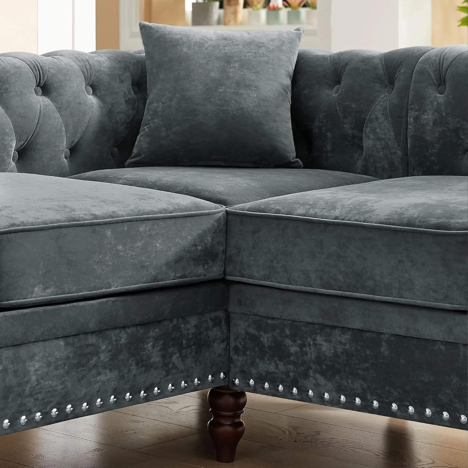 Clasic Chesterfield 5 Seater Corner Sofa&Couch Luxury Roller Armrest L-Shaped Symmetrical Sectional Sofa Couch Velvet Tufted Indoor Upholstered Sofá W/Soild Wood Legs and 3 Pillows for Living Room