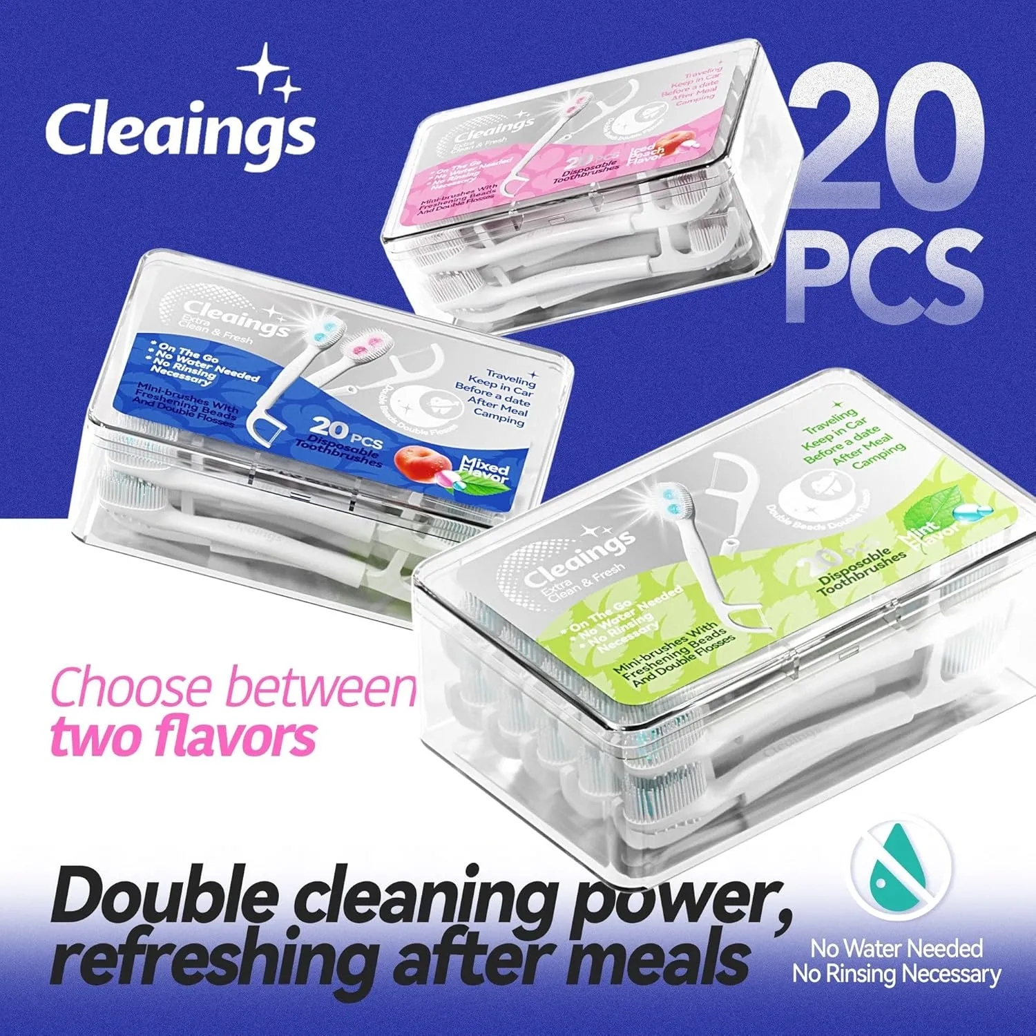 cleaings® Disposable Toothbrushes with Double Cleaning Beads Toothpaste and Clean Floss Picks for Work or Travel - 20 pcs-Mixed Flavor（Pack of 5）