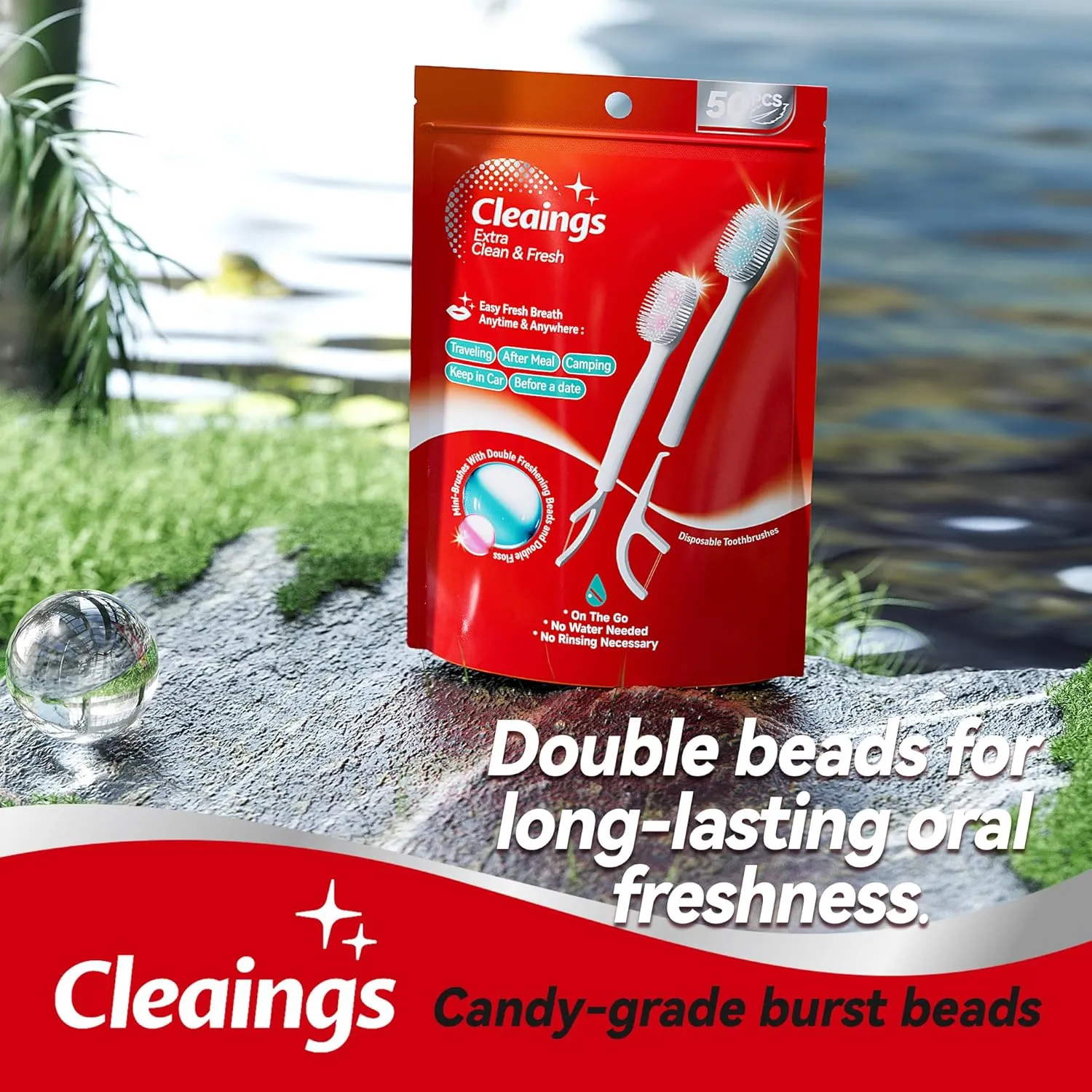 cleaings® Mini Brushes-Disposable Toothbrushes with Double Cleaning Beads Toothpaste and Clean Floss Picks for Work or Travel - 50 pcs-Mint Flavor（Pack of 1）