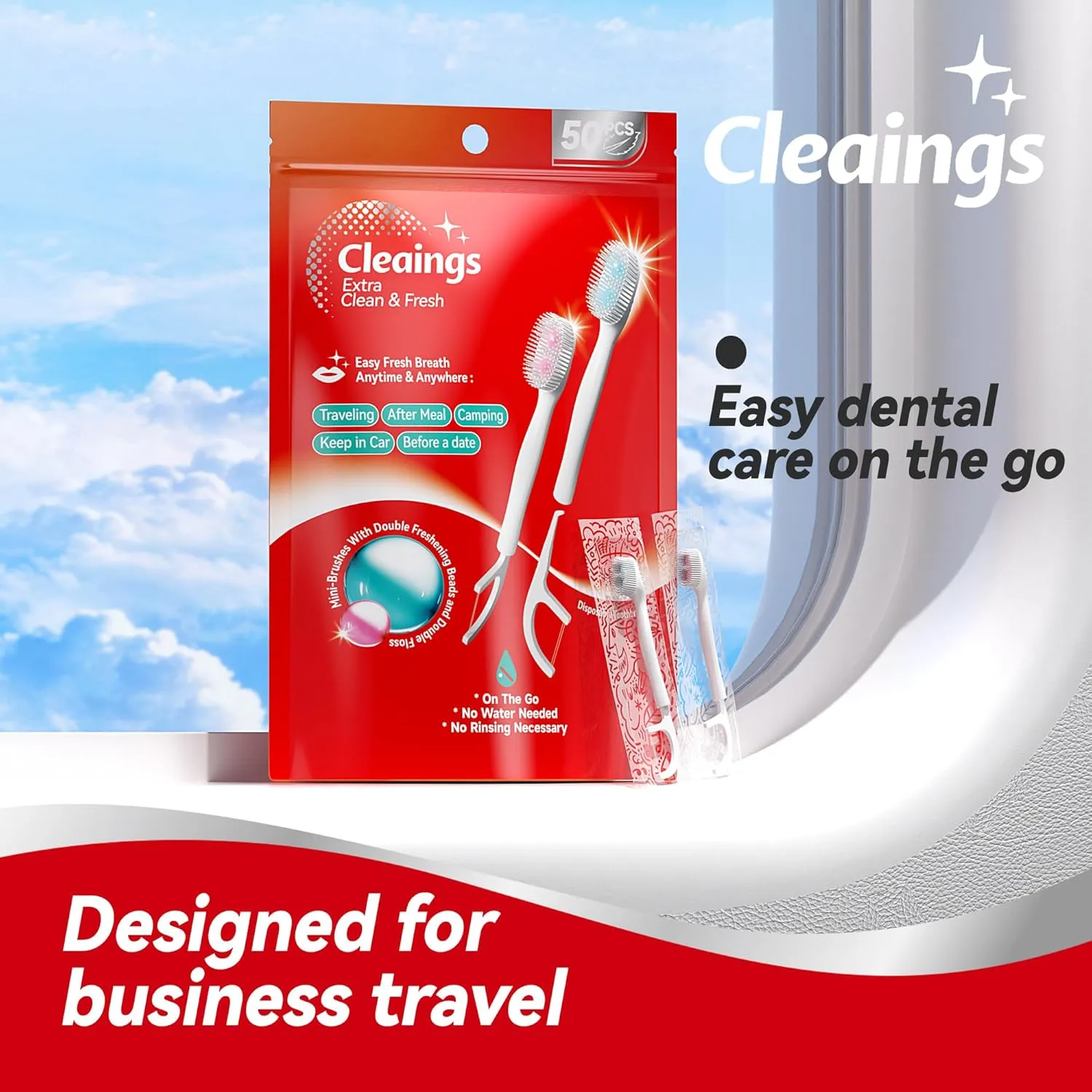 cleaings® Mini Brushes-Disposable Toothbrushes with Double Cleaning Beads Toothpaste and Clean Floss Picks for Work or Travel - 50 pcs-Mint Flavor（Pack of 1）