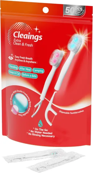 cleaings® Mini Brushes-Disposable Toothbrushes with Double Cleaning Beads Toothpaste and Clean Floss Picks for Work or Travel - 50 pcs-Mint Flavor（Pack of 1）