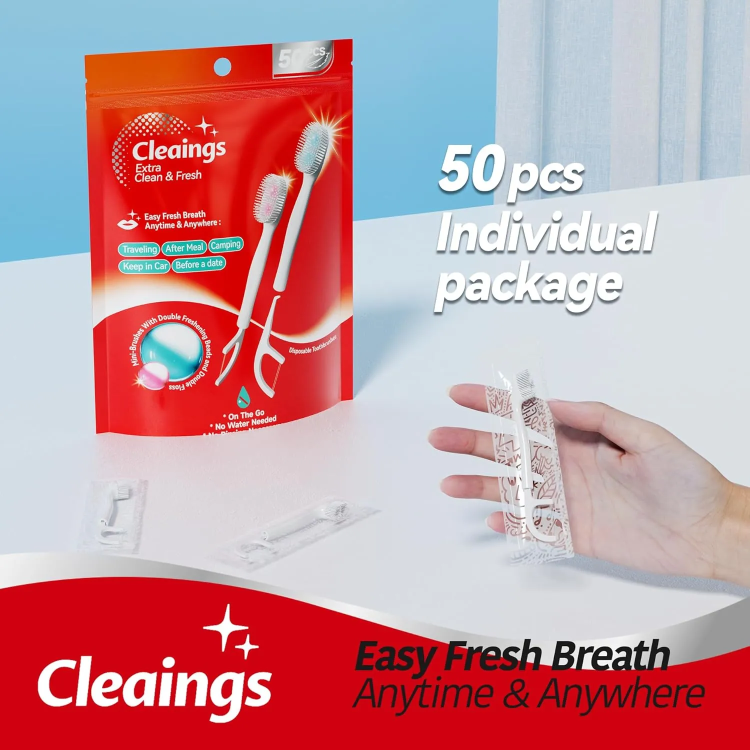 cleaings® Mini Brushes-Disposable Toothbrushes with Double Cleaning Beads Toothpaste and Clean Floss Picks for Work or Travel - 50 pcs-Mint Flavor（Pack of 1）
