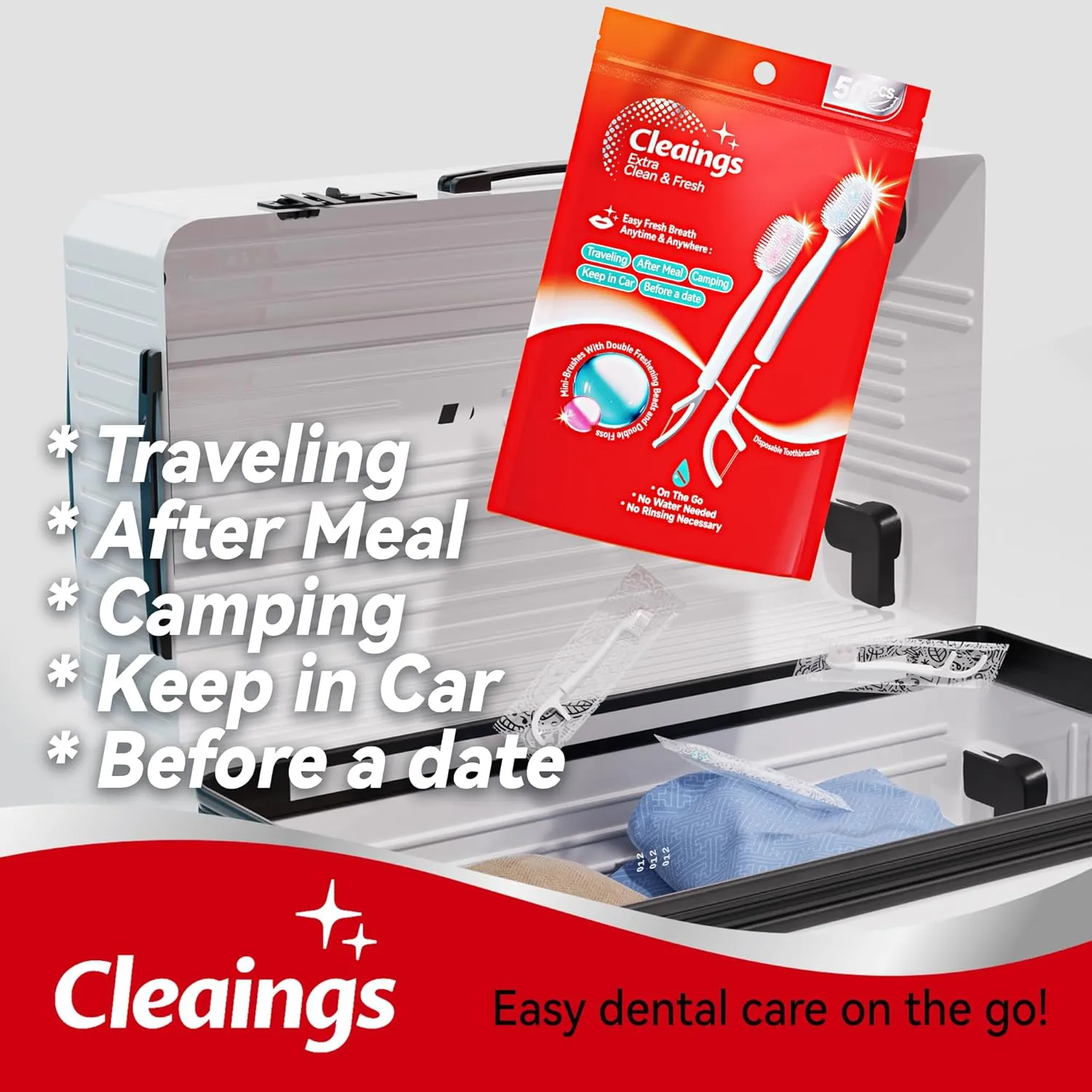 cleaings® Mini Brushes-Disposable Toothbrushes with Double Cleaning Beads Toothpaste and Clean Floss Picks for Work or Travel - 50 pcs-Mint Flavor（Pack of 1）