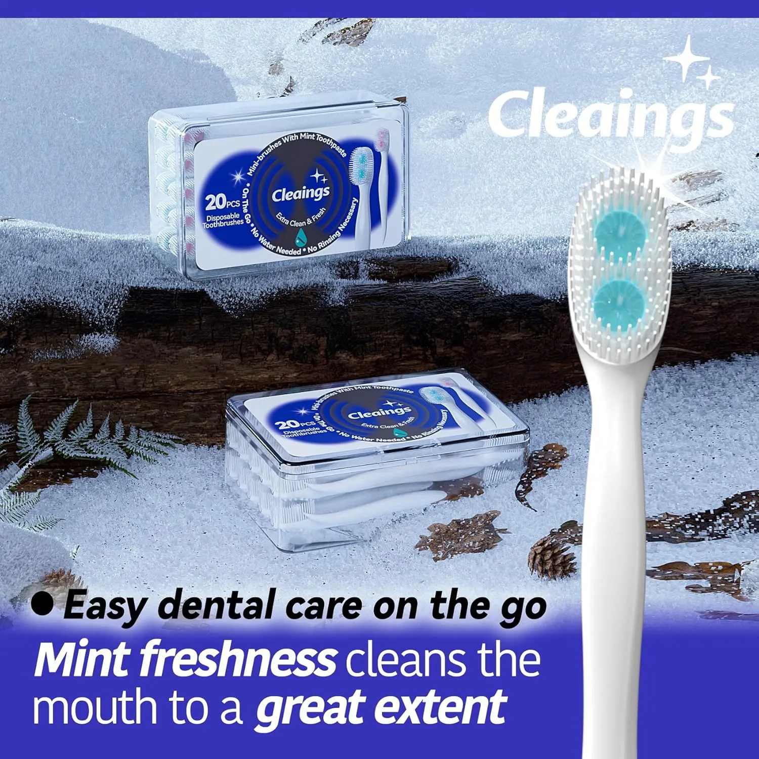 cleaings® Mini Brushes-Disposable Toothbrushes with Double Cleaning Beads Toothpaste and Pick for Daily Life or Travel, 20 Count-Mint Flavor（Pack of 5）
