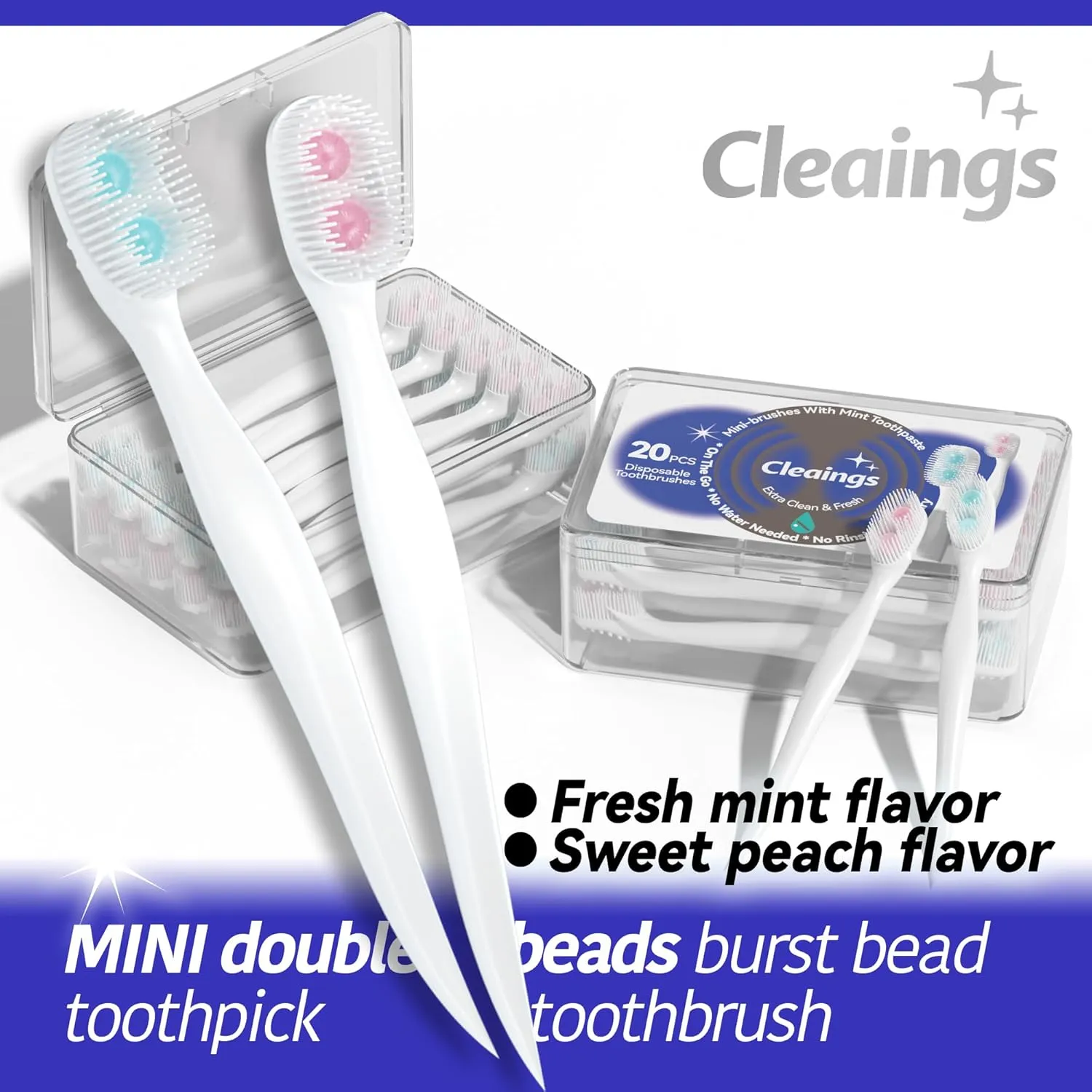 cleaings® Mini Brushes-Disposable Toothbrushes with Double Cleaning Beads Toothpaste and Pick for Daily Life or Travel, 20 Count-Mint Flavor（Pack of 5）