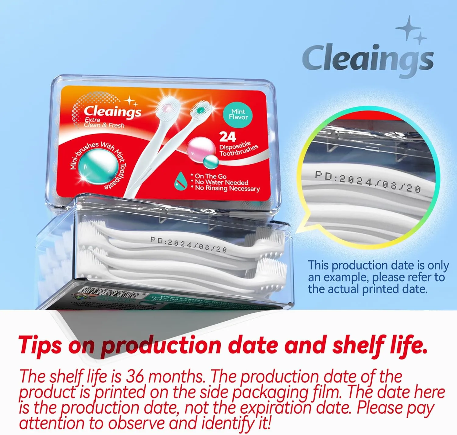 cleaings® Mini Brushes-Disposable Toothbrushes with Toothpaste and Pick for Work or Travel, 24 Count (Mint Flavor（Pack of 5）)