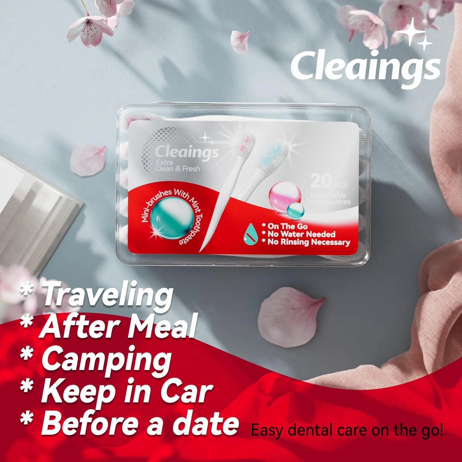 cleaings® Disposable Mini Toothbrushes with 2 Toothpaste Beads, Toothpick & Tongue Cleaner – Travel Essentials, On-The-Go Oral Care, 20 Count-Mixed Flavor（Pack of 5）