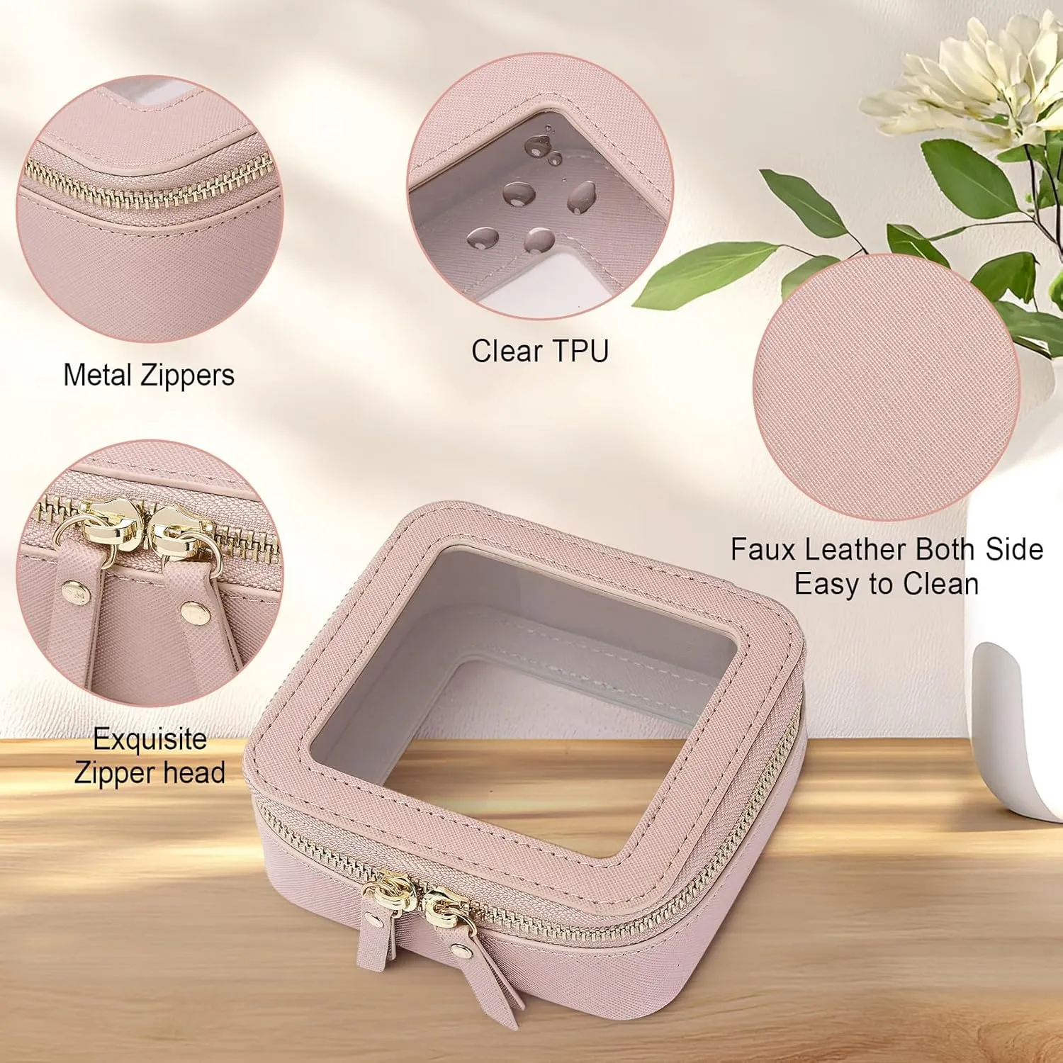 Clear Makeup Bag Waterproof Travel Case for Cosmetics and Toiletries Women's Purse Organizer and Clear Car Bag with Zipper (Pink, M MINI)