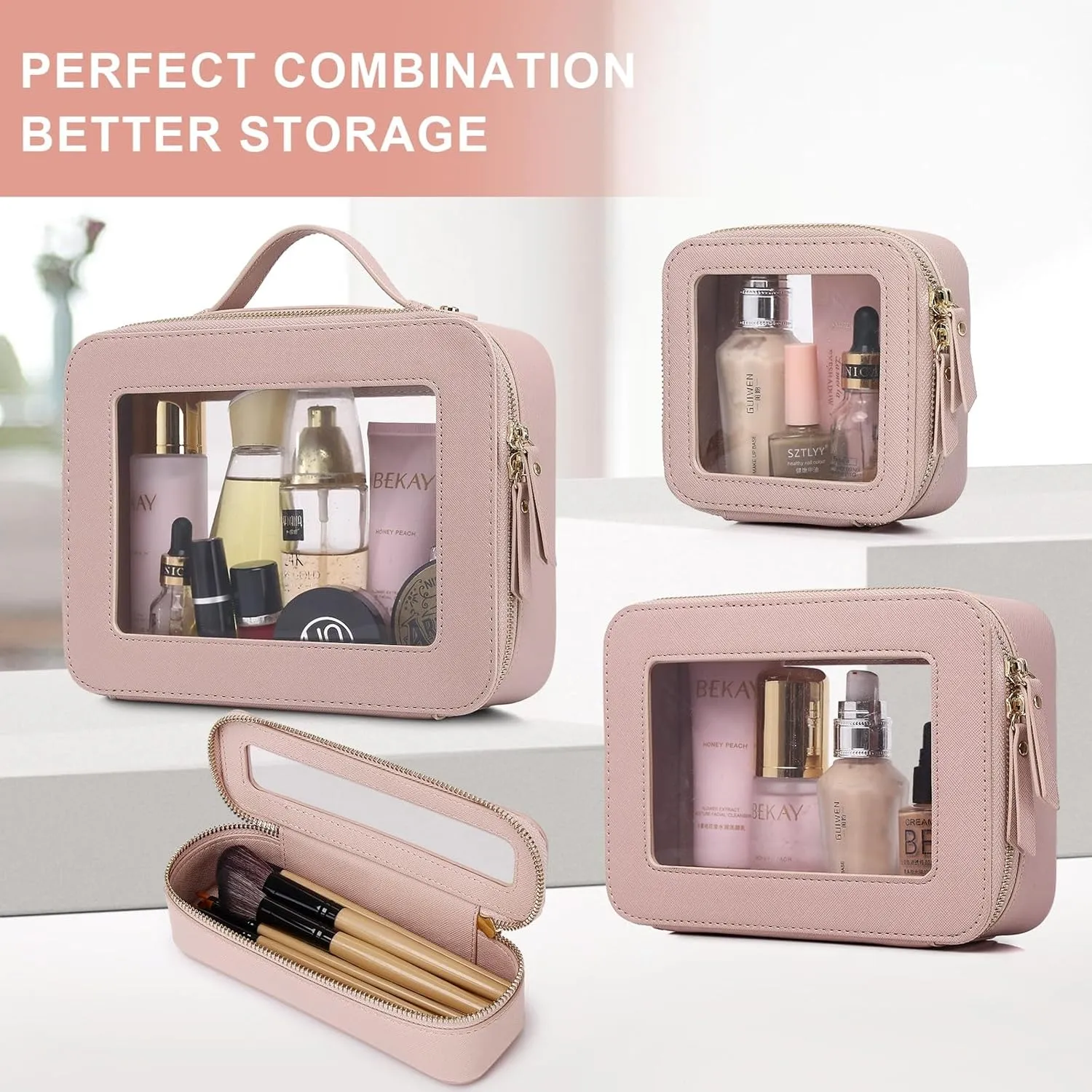 Clear Makeup Bag Waterproof Travel Case for Cosmetics and Toiletries Women's Purse Organizer and Clear Car Bag with Zipper (Pink, M MINI)