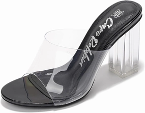 Clear Chunky Heels for Women- Comfy Slip on Heels for Women with Transparent Upper, 3.5-inch Lucite Block Heel & Genuine Leather Insole- Classy Open Toe Wedge Heels for Women (Fusion.A)