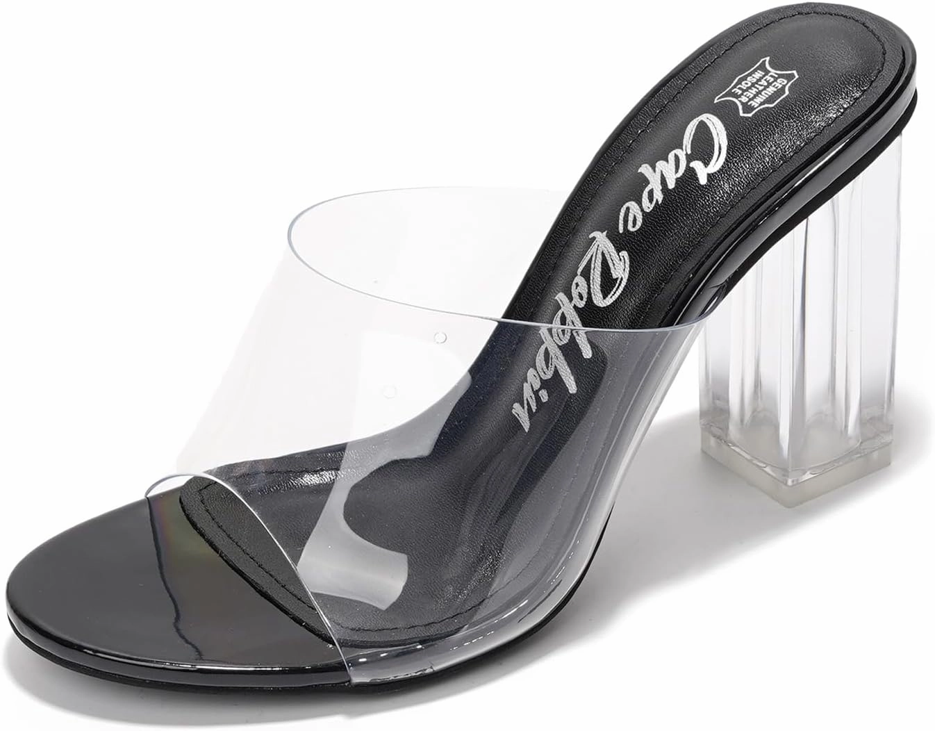 Clear Chunky Heels for Women- Comfy Slip on Heels for Women with Transparent Upper, 3.5-inch Lucite Block Heel & Genuine Leather Insole- Classy Open Toe Wedge Heels for Women (Fusion.A)