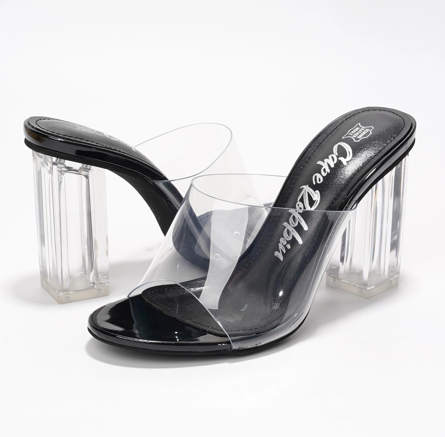 Clear Chunky Heels for Women- Comfy Slip on Heels for Women with Transparent Upper, 3.5-inch Lucite Block Heel & Genuine Leather Insole- Classy Open Toe Wedge Heels for Women (Fusion.A)