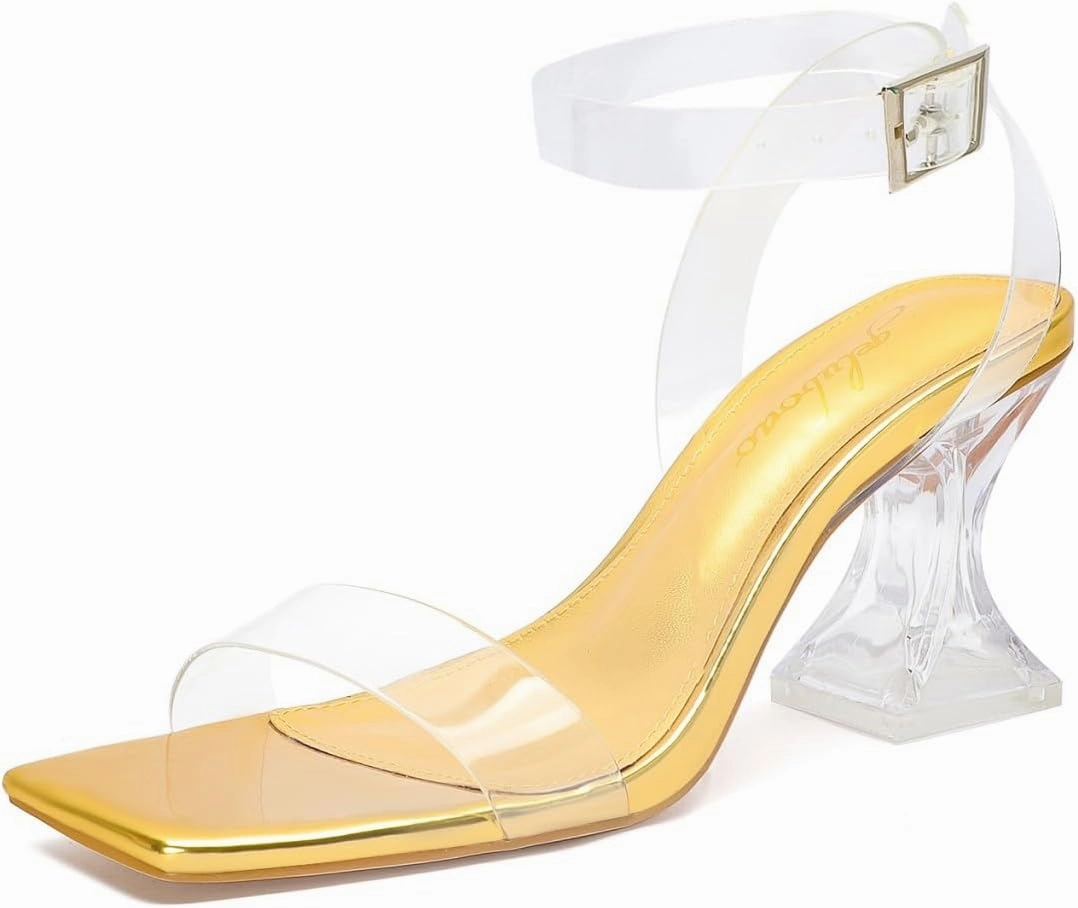 Clear Heels for Women Chunky Heel Sexy Open Square Toe Clear Ankle Strap Block Low Heeled Sandals