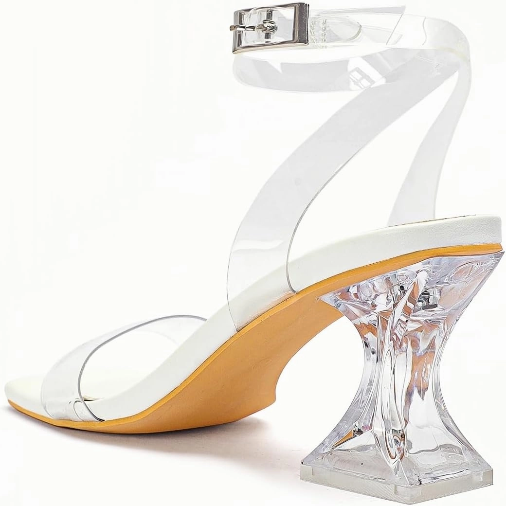 Clear Heels for Women Chunky Heel Sexy Open Square Toe Clear Ankle Strap Block Low Heeled Sandals