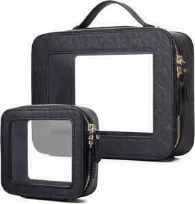 Clear Makeup Bag Set Waterproof Travel Case for Cosmetics and Toiletries Women's Makeup Bag and Clear Car Bag with Zipper (Black, L MINI)