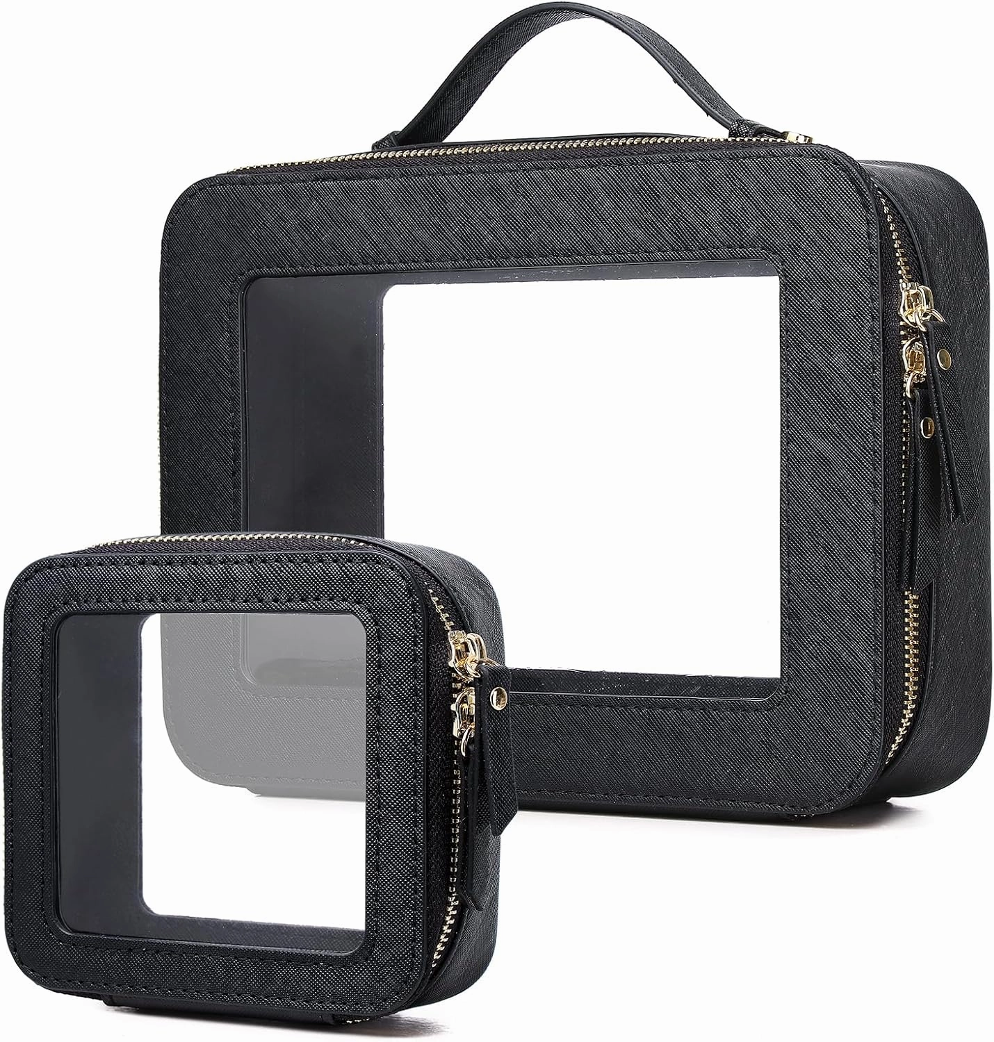 Clear Makeup Bag Set Waterproof Travel Case for Cosmetics and Toiletries Women's Makeup Bag and Clear Car Bag with Zipper (Black, L MINI)