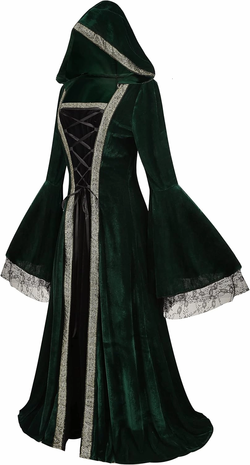 Colorful House Women Medieval Tea Party Dress Victorian Era Bubble Sleeves Velvet High Waist Long Dress with Belt and Gloves