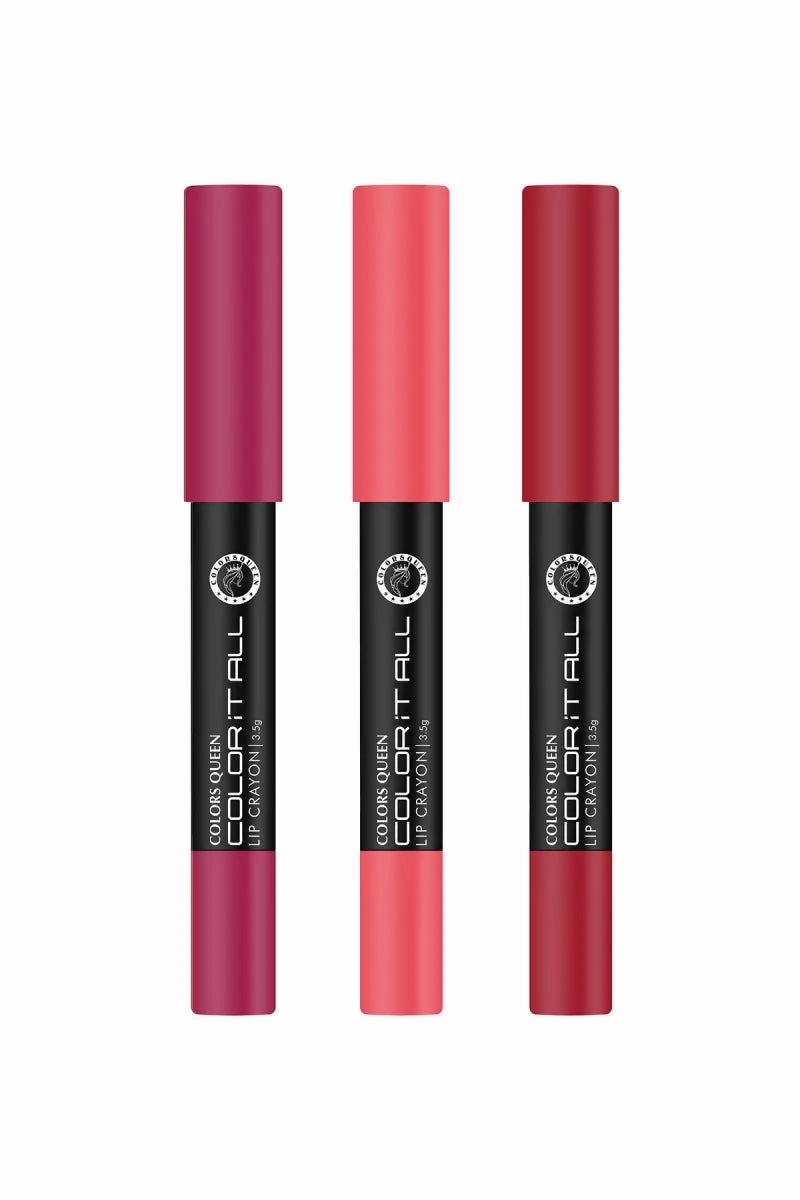 Colors Queen It All Matte Lipstick Long Lasting Lip Crayon 3 Pcs (Plum Pick, Rich High, Pink Up)