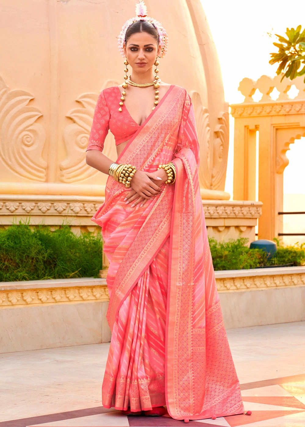 Coral Peach Printed Soft Silk Saree