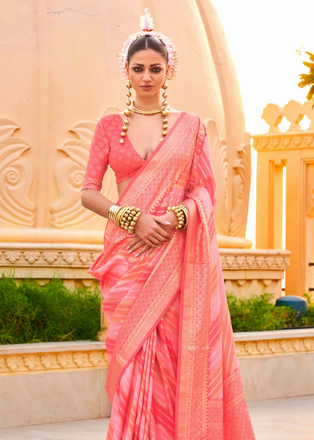 Coral Peach Printed Soft Silk Saree