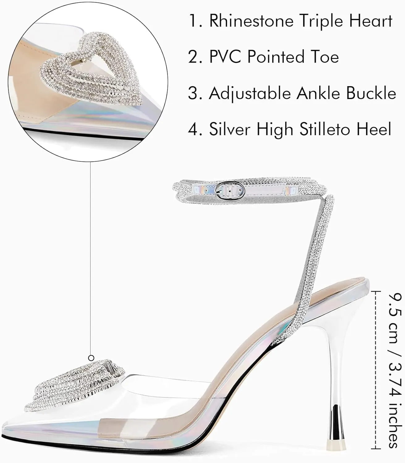 Coutgo Womens Rhinestone High Heels Clear Pointed Closed Toe Strappy Ankle Strap Slingback Bridal Pumps