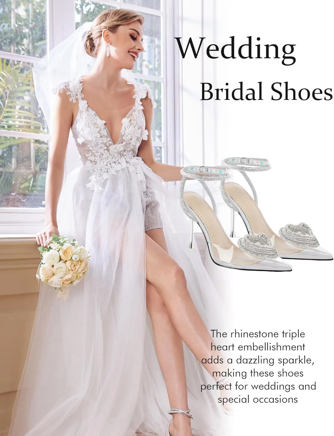 Coutgo Womens Rhinestone High Heels Clear Pointed Closed Toe Strappy Ankle Strap Slingback Bridal Pumps