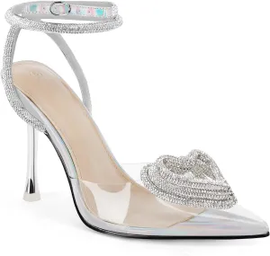 Coutgo Womens Rhinestone High Heels Clear Pointed Closed Toe Strappy Ankle Strap Slingback Bridal Pumps