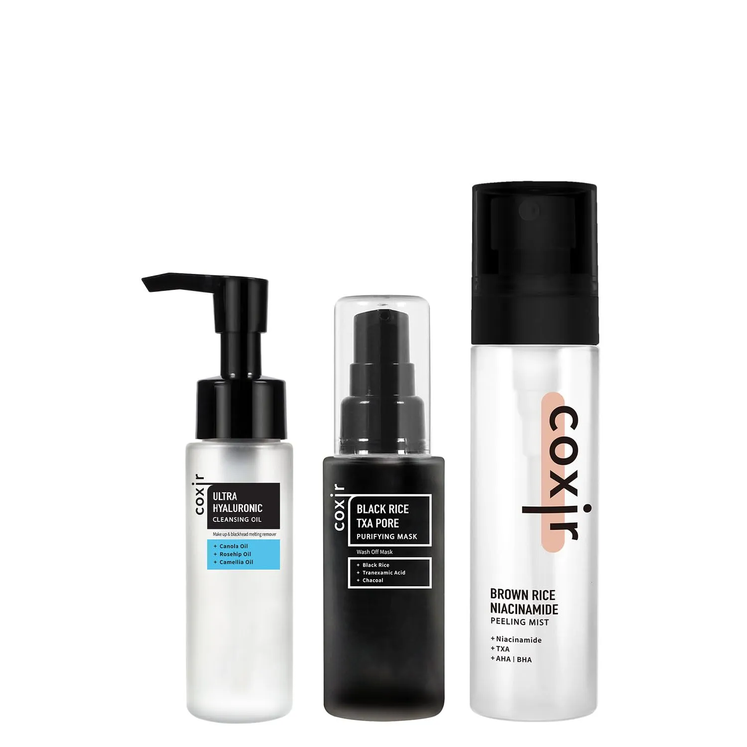 coxir ULTRA HYALURONIC CLEANSING OIL 1.69 fl.oz   BLACK RICE TXA PORE MASK 1.69 fl.oz   BROWN RICE NIACINAMIDE PEELING MIST 2.70 fl.oz