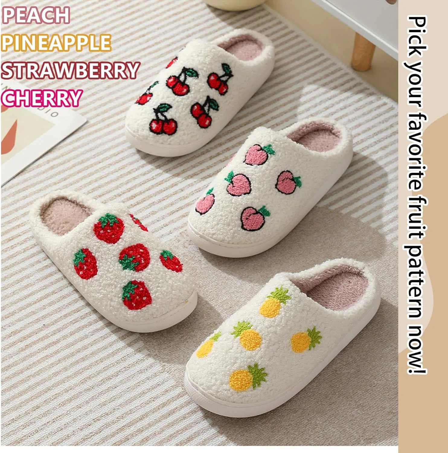 Cozy Cotton Fruit Motif Plush Slippers for Couples - Kawaii Anti-Skid Indoor Shoes, Comfortable and Warm Home Footwear