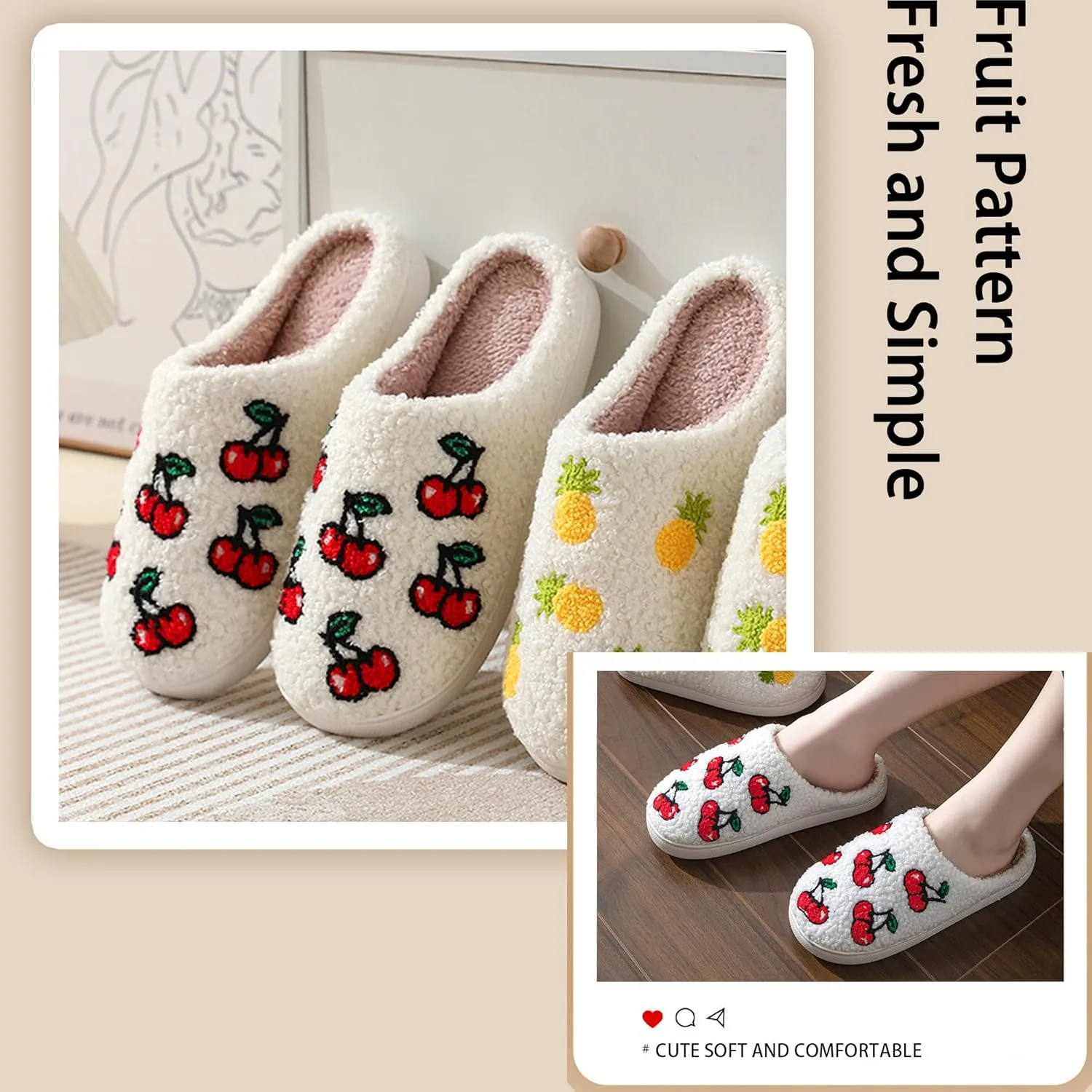 Cozy Cotton Fruit Motif Plush Slippers for Couples - Kawaii Anti-Skid Indoor Shoes, Comfortable and Warm Home Footwear