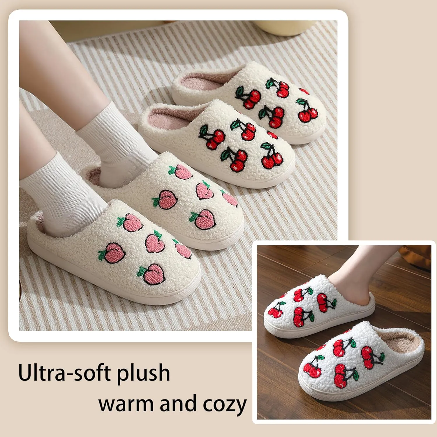Cozy Cotton Fruit Motif Plush Slippers for Couples - Kawaii Anti-Skid Indoor Shoes, Comfortable and Warm Home Footwear