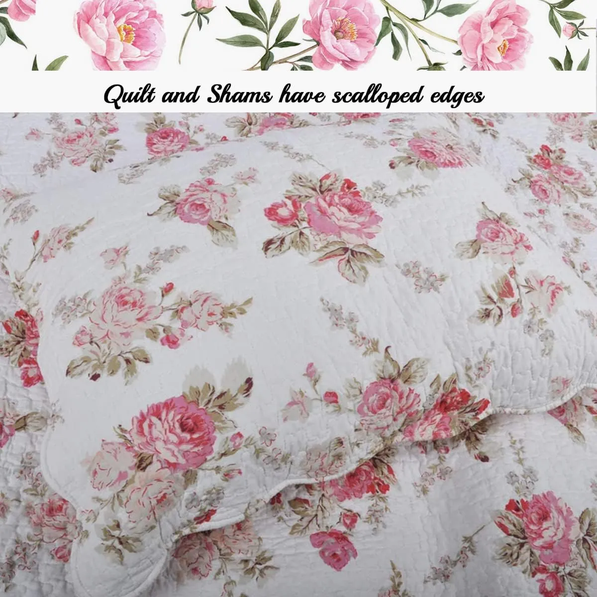 Cozy Line Home Fashions 3-Piece Cotton Queen Quilt Bedding Set, Romantic Cottage Peachy Pink Peony Shabby Chic Chintz Floral Stripe Lightweight Reversible Coverlet Bedspread for All Season