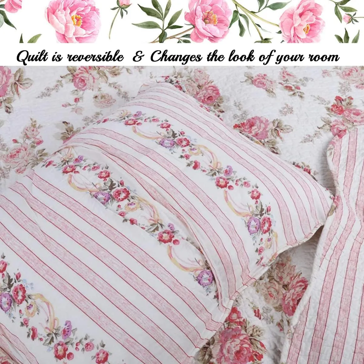 Cozy Line Home Fashions 3-Piece Cotton Queen Quilt Bedding Set, Romantic Cottage Peachy Pink Peony Shabby Chic Chintz Floral Stripe Lightweight Reversible Coverlet Bedspread for All Season