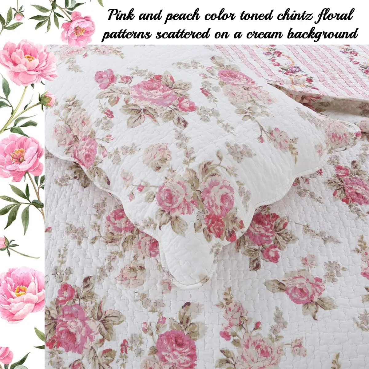 Cozy Line Home Fashions 3-Piece Cotton Queen Quilt Bedding Set, Romantic Cottage Peachy Pink Peony Shabby Chic Chintz Floral Stripe Lightweight Reversible Coverlet Bedspread for All Season