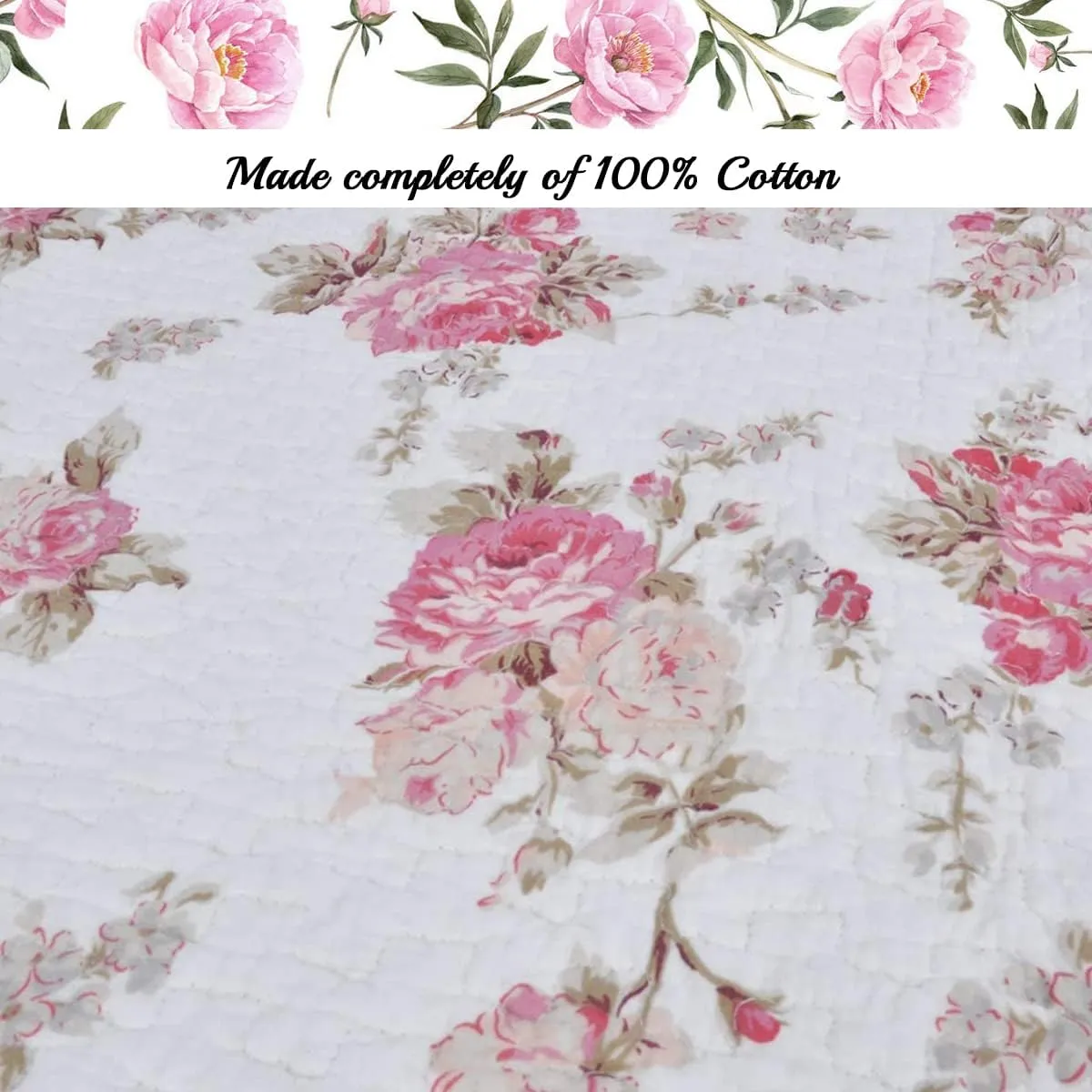 Cozy Line Home Fashions 3-Piece Cotton Queen Quilt Bedding Set, Romantic Cottage Peachy Pink Peony Shabby Chic Chintz Floral Stripe Lightweight Reversible Coverlet Bedspread for All Season