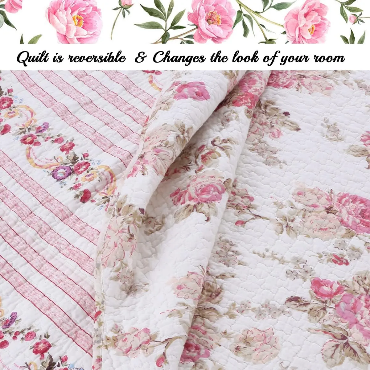 Cozy Line Home Fashions 3-Piece Cotton Queen Quilt Bedding Set, Romantic Cottage Peachy Pink Peony Shabby Chic Chintz Floral Stripe Lightweight Reversible Coverlet Bedspread for All Season