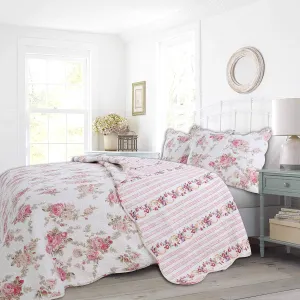 Cozy Line Home Fashions 3-Piece Cotton Queen Quilt Bedding Set, Romantic Cottage Peachy Pink Peony Shabby Chic Chintz Floral Stripe Lightweight Reversible Coverlet Bedspread for All Season